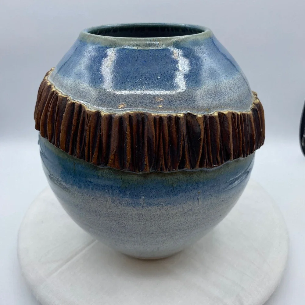 Studio Pottery Blue Speckled Globular Vase Textured Brown Band Artist Signed 8